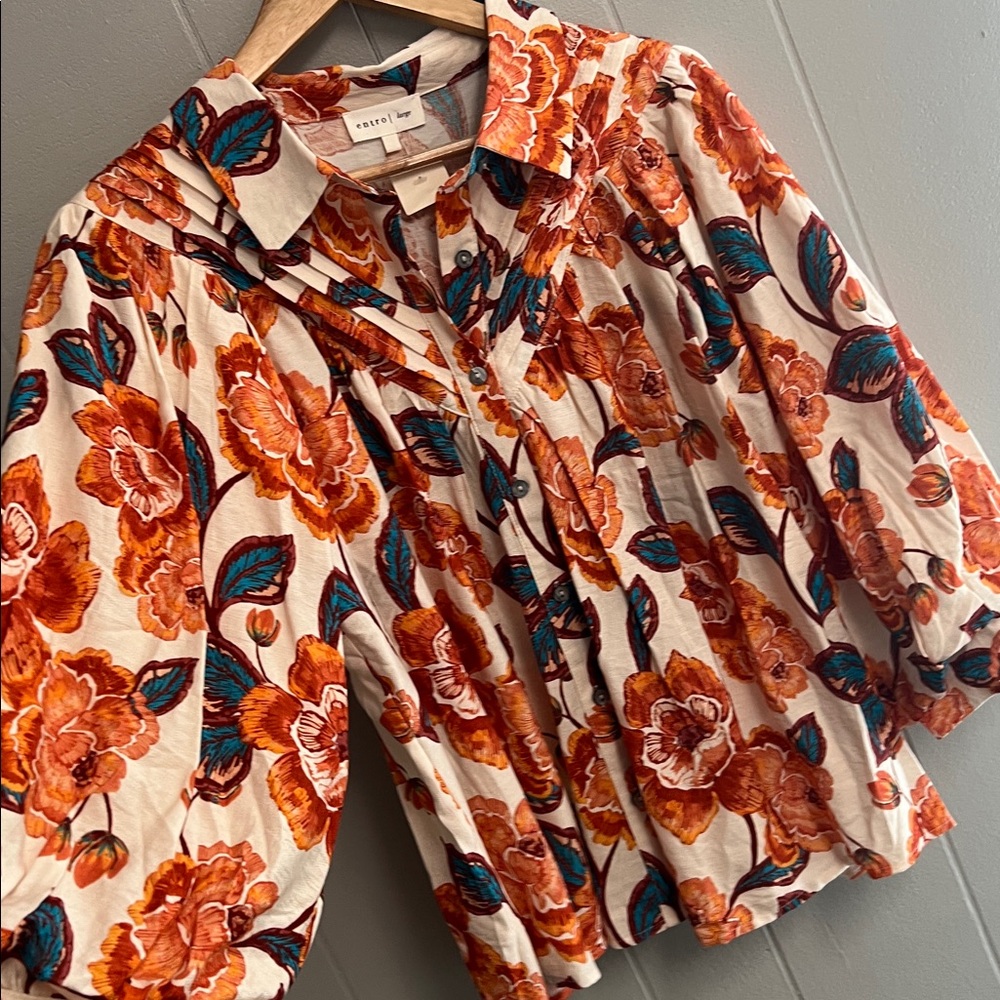 NWT Floral Entro Top Blouse Shirt Large Orange Blue - Picture 7 of 14